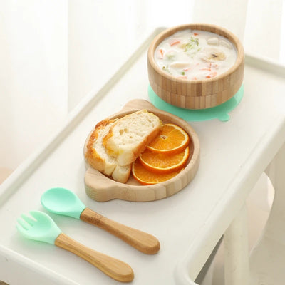 3pc Bamboo Baby Feeding Bowl Set - Suction Bowl, Fork & Spoon