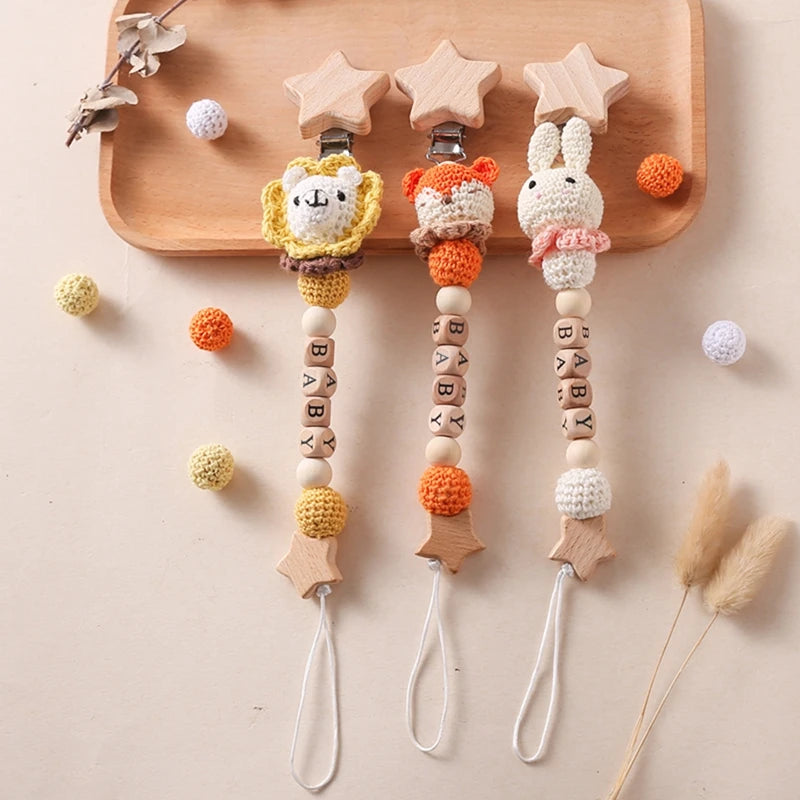 Personalized Baby Pacifier Clip & Crochet Animal Teether Teething Toy Accessory