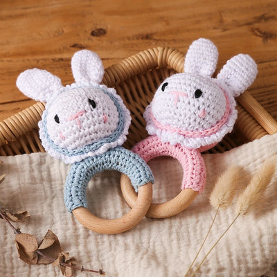 Crochet Bunny Rattle Wooden Teether Ring and Soother