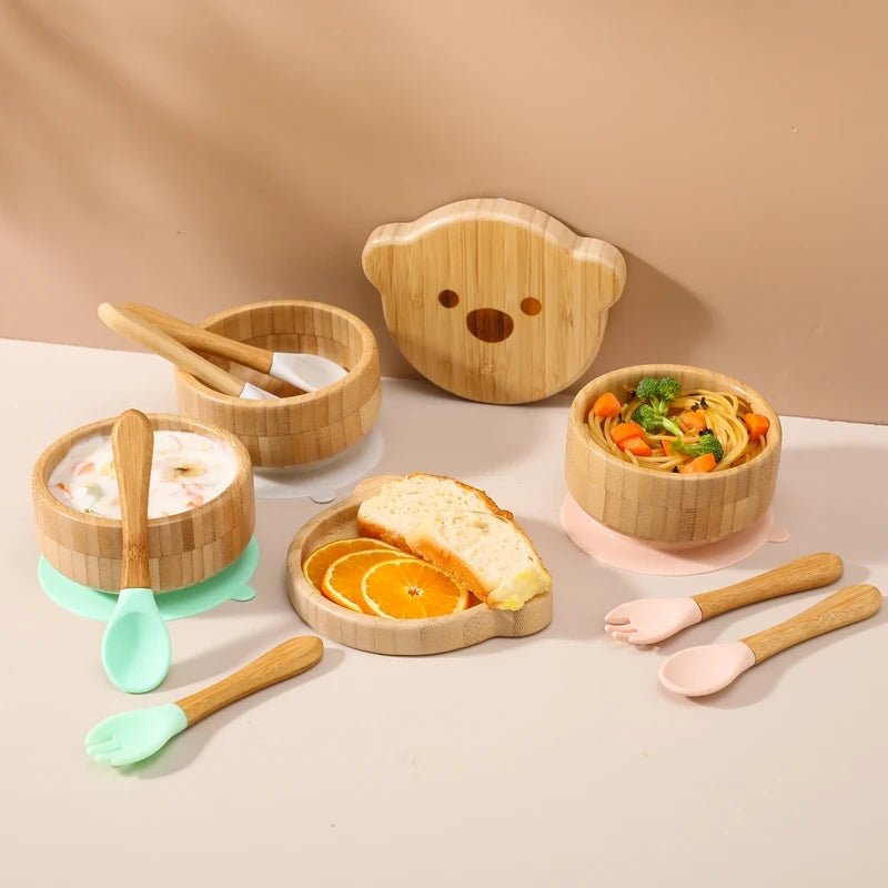 3pc Bamboo Baby Feeding Bowl Set - Suction Bowl, Fork & Spoon