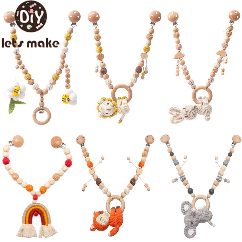 Baby Wooden Crochet Stroller Toys Hanging Rattle and Animal Mobiles