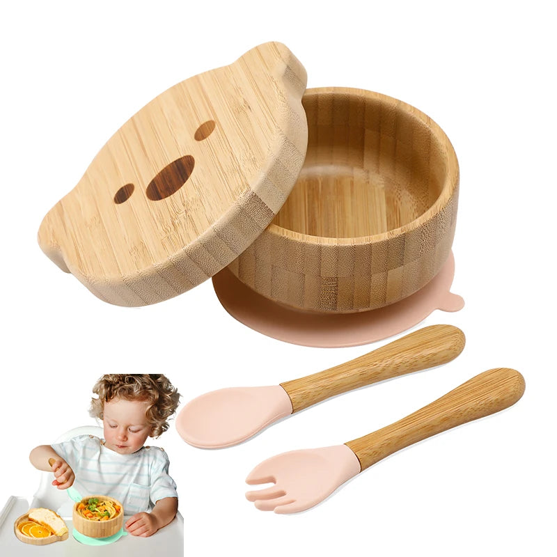 3pc Bamboo Baby Feeding Bowl Set - Suction Bowl, Fork & Spoon