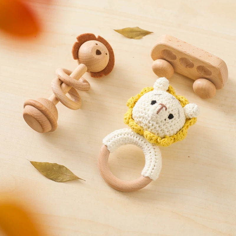 Baby Rattle Montessori Crochet Rabbit Toy and Wooden Set