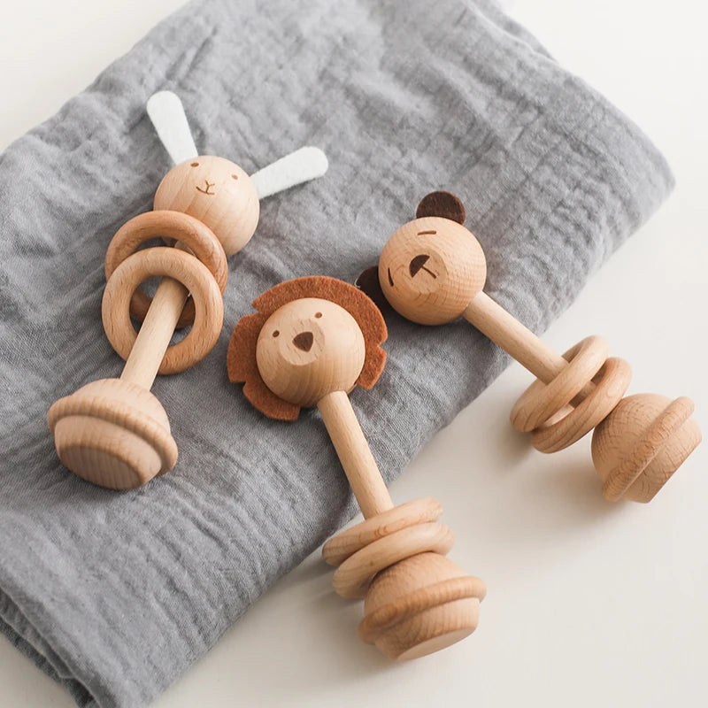 Wooden Animal Teether & Rattle for Newborns (0-12 Months)