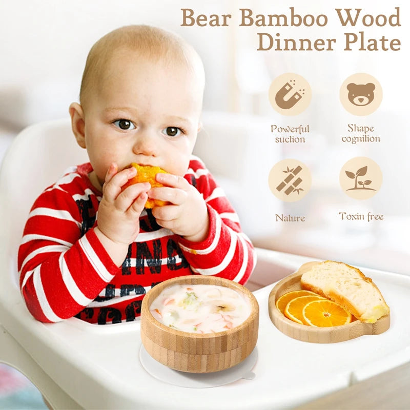 3pc Bamboo Baby Feeding Bowl Set - Suction Bowl, Fork & Spoon