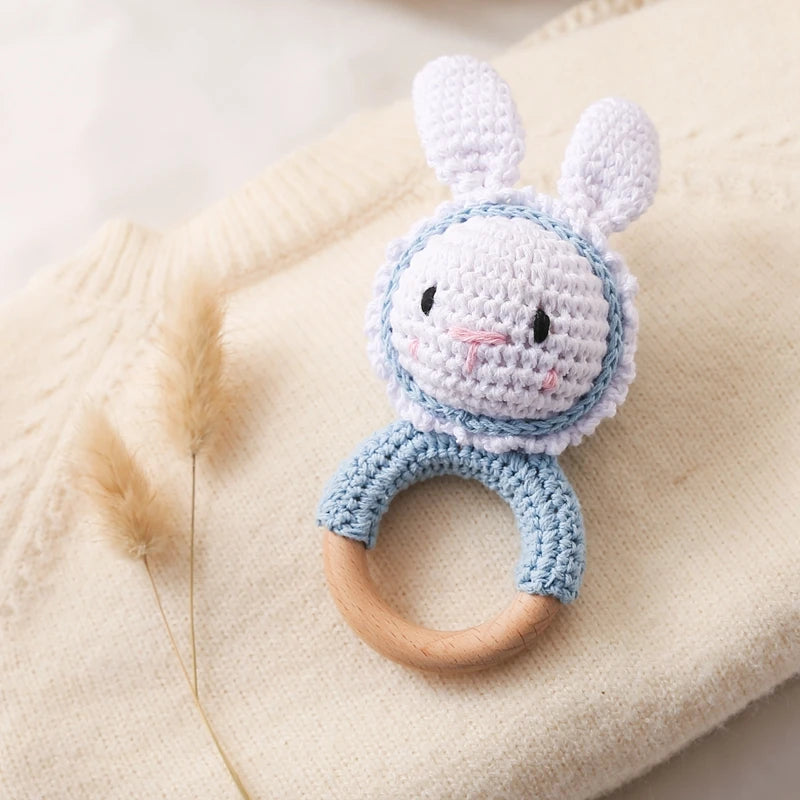 Crochet Bunny Rattle Wooden Teether Ring and Soother