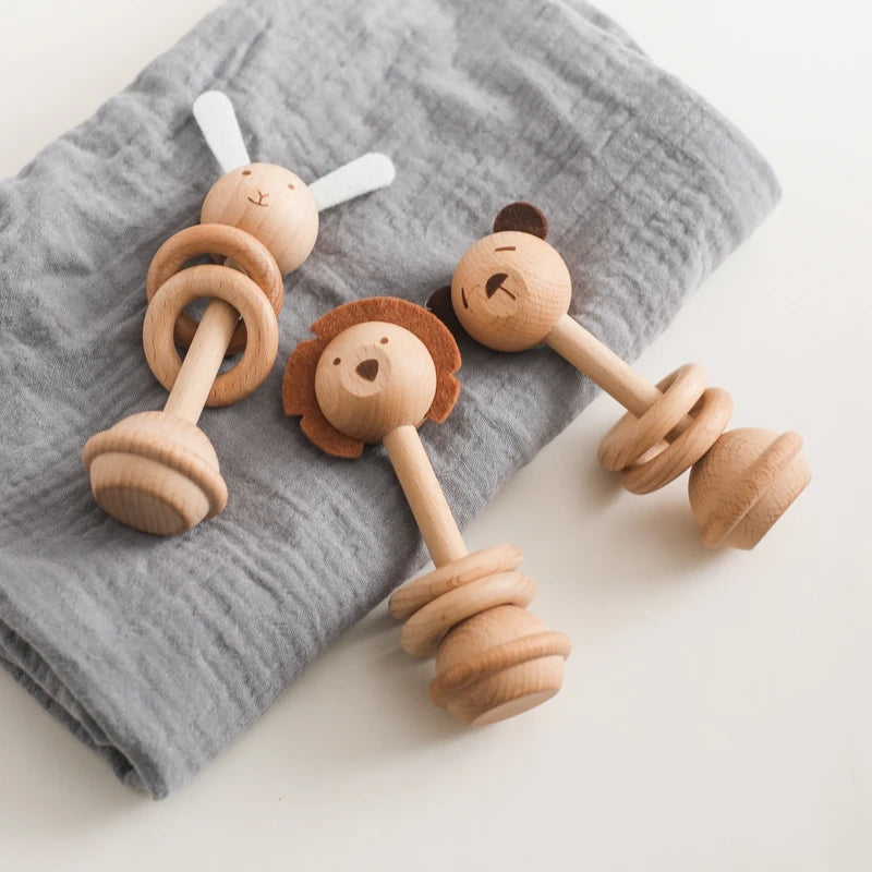 Wooden Animal Teether & Rattle for Newborns (0-12 Months)