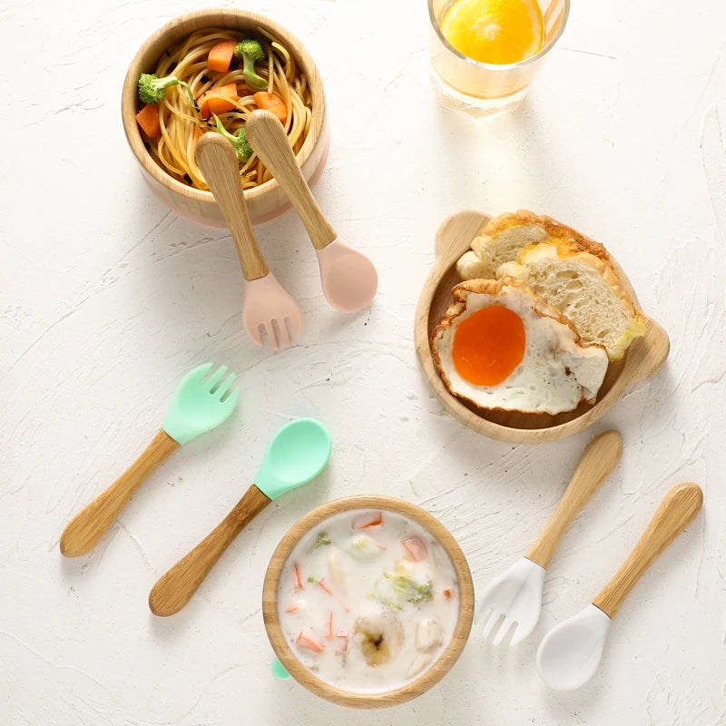 3pc Bamboo Baby Feeding Bowl Set - Suction Bowl, Fork & Spoon