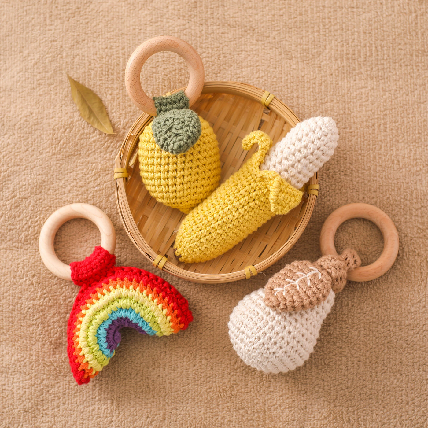 Baby Music Rattle Cotton Fruit Pear & Lemon Crochet Toy with Wooden Teether