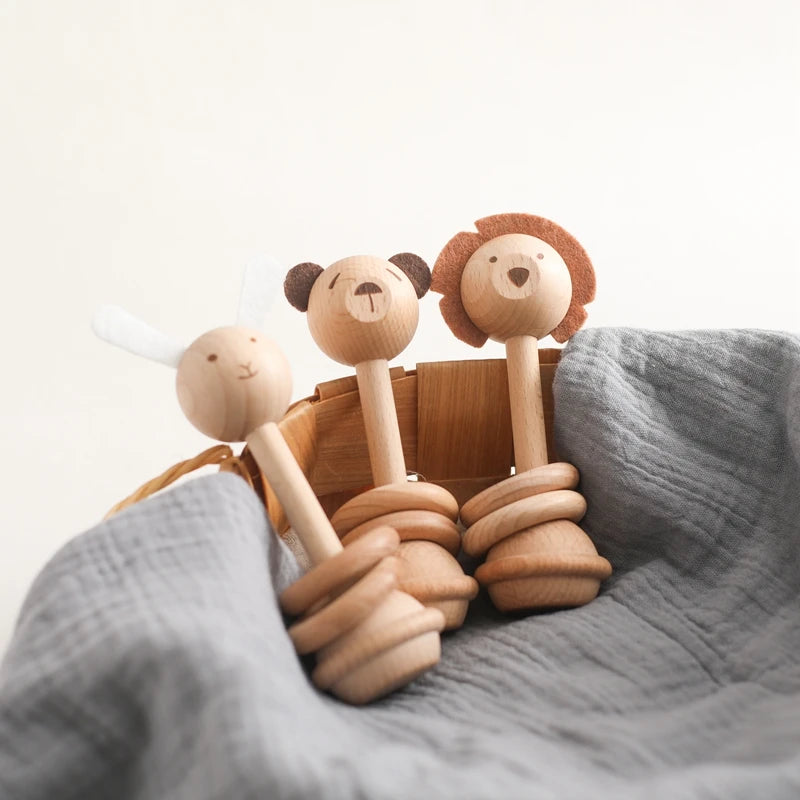 Wooden Animal Teether & Rattle for Newborns (0-12 Months)