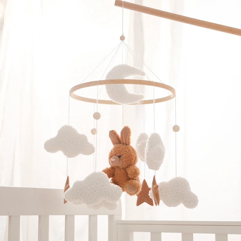 Wooden Crib Mobile with Brown Bunny – Bed Bell and Crib Bracket for Babies