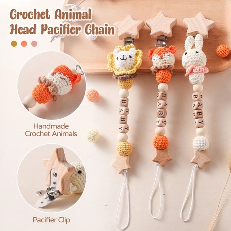 Personalized Baby Pacifier Clip & Crochet Animal Teether Teething Toy Accessory