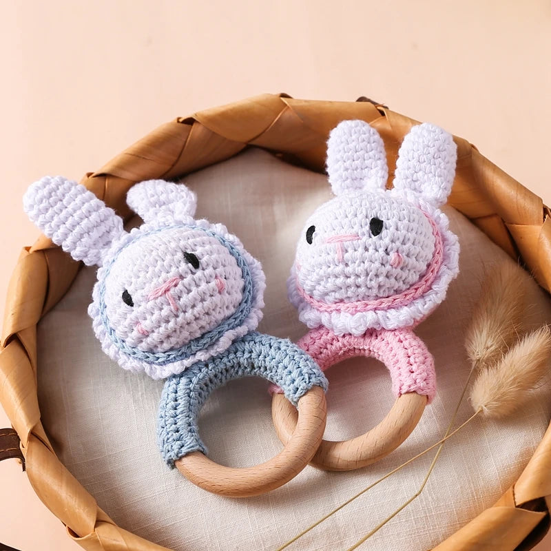 Crochet Bunny Rattle Toy Wooden Teether Ring and Soother