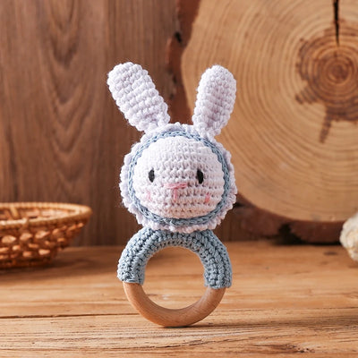 Crochet Bunny Rattle Toy Wooden Teether Ring and Soother