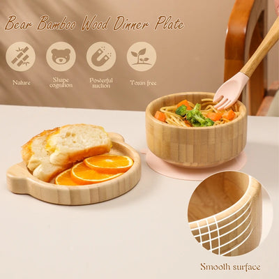 3pc Bamboo Baby Feeding Bowl Set - Suction Bowl, Fork & Spoon