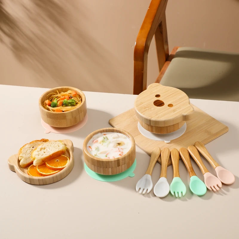 3pc Bamboo Baby Feeding Bowl Set - Suction Bowl, Fork & Spoon