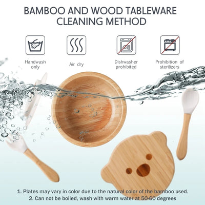 3pc Bamboo Baby Feeding Bowl Set - Suction Bowl, Fork & Spoon