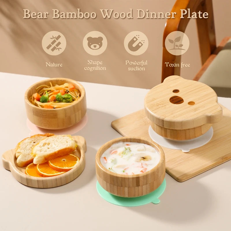 3pc Bamboo Baby Feeding Bowl Set - Suction Bowl, Fork & Spoon