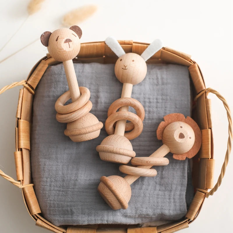 Wooden Animal Teether & Rattle for Newborns (0-12 Months)