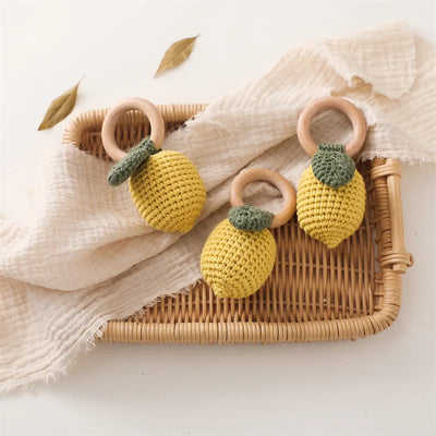 Baby Music Rattle Cotton Fruit Pear & Lemon Crochet Toy with Wooden Teether