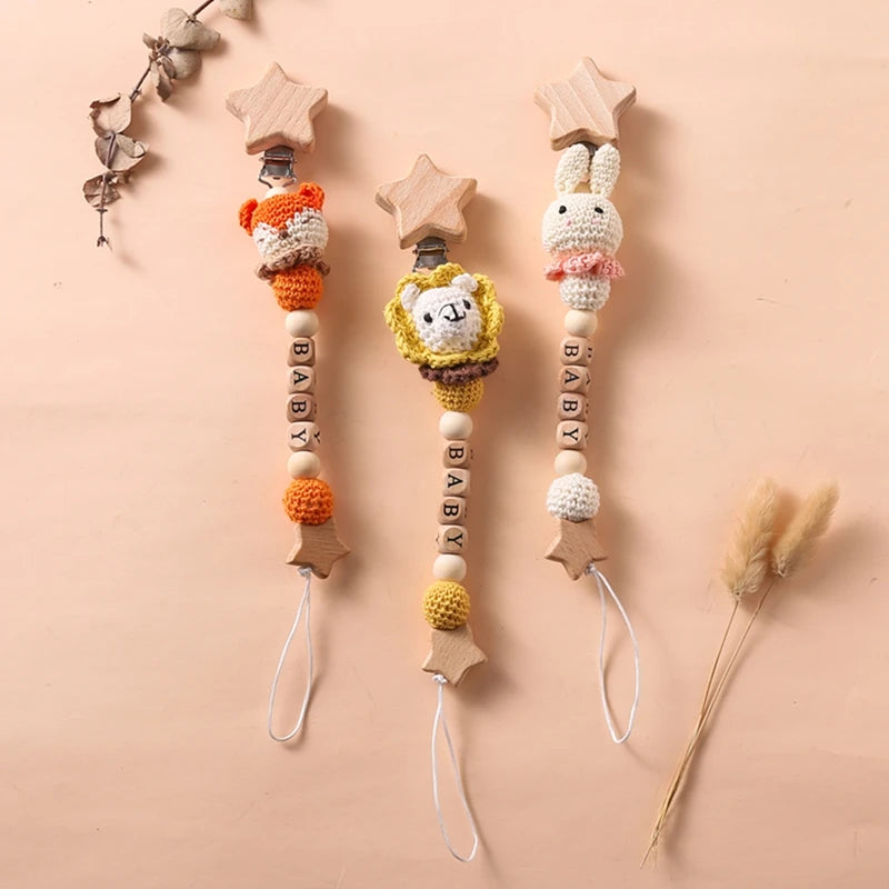 Personalized Baby Pacifier Clip & Crochet Animal Teether Teething Toy Accessory