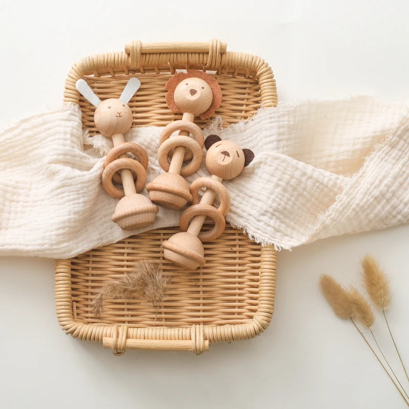 Wooden Animal Teether & Rattle for Newborns (0-12 Months)