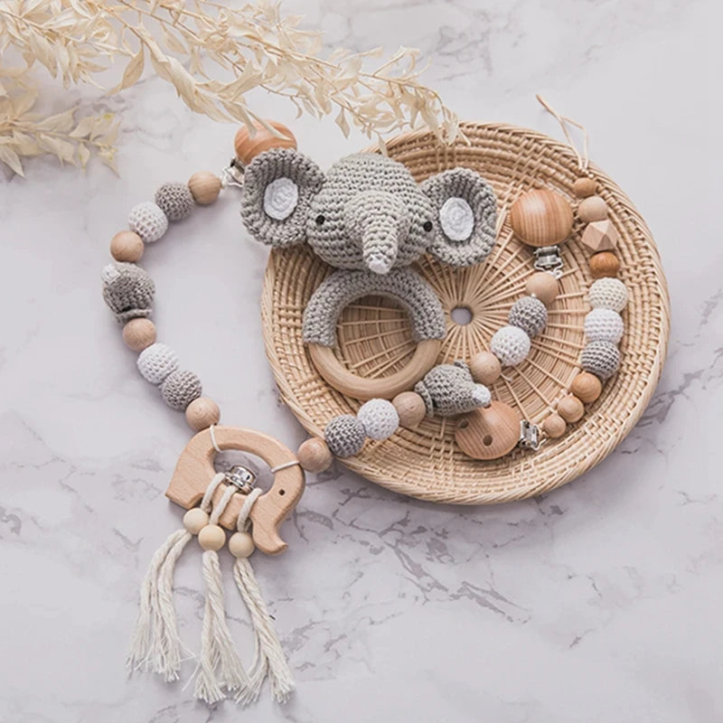 Baby Elephant Pendant Stroller Chain: Crochet Beads & Rattle