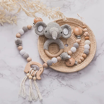 Baby Elephant Pendant Stroller Chain: Crochet Beads & Rattle