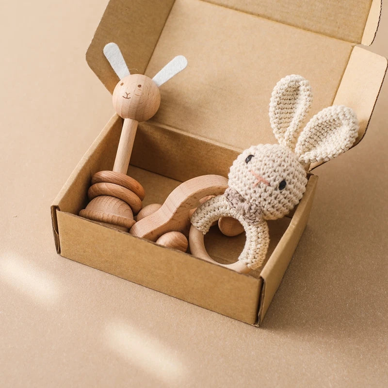 Baby Rattle Montessori Crochet Rabbit Toy and Wooden Set