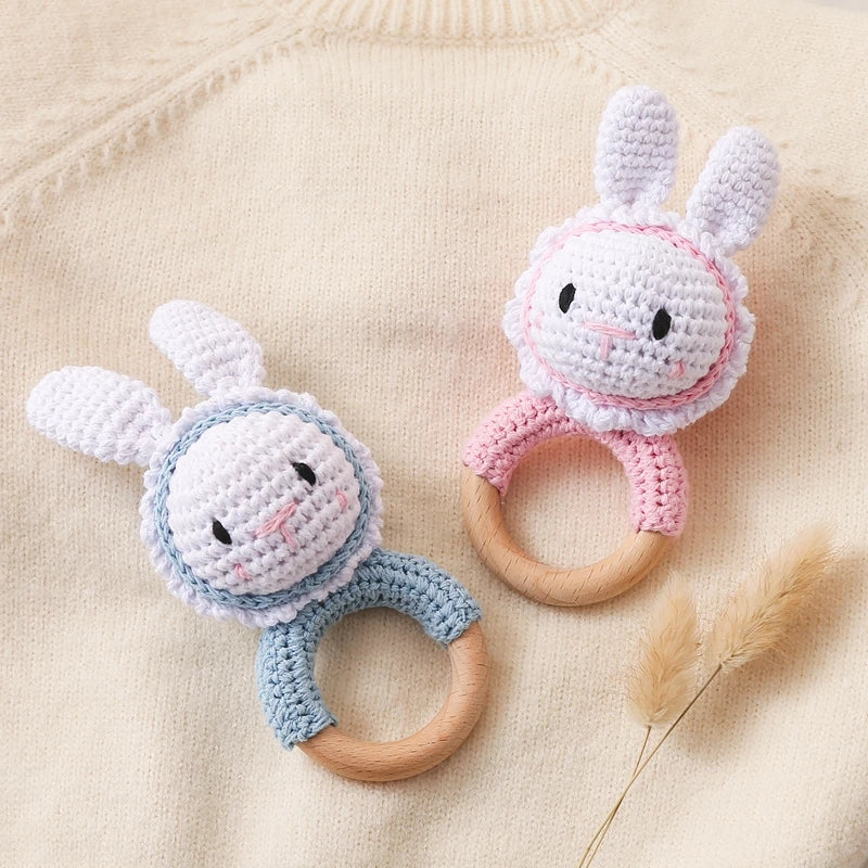 Crochet Bunny Rattle Toy Wooden Teether Ring and Soother