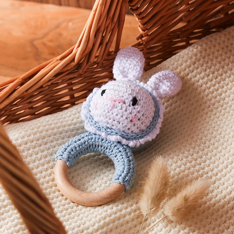 Crochet Bunny Rattle Toy Wooden Teether Ring and Soother