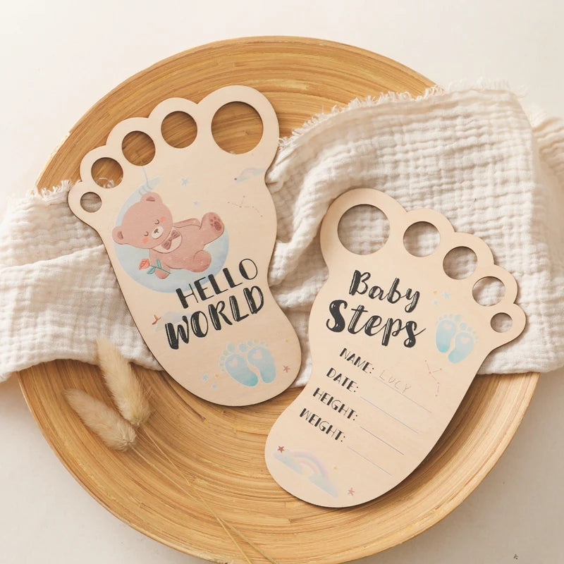 Baby Footprint Milestone Card Wooden Photography Prop for Newborns