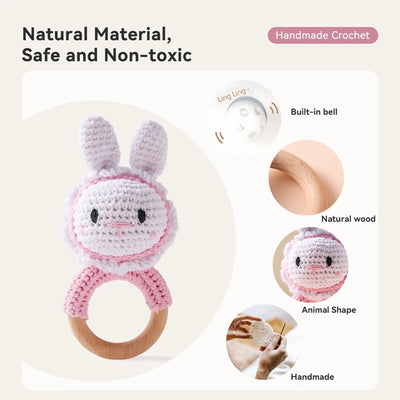 Crochet Bunny Rattle Toy Wooden Teether Ring and Soother