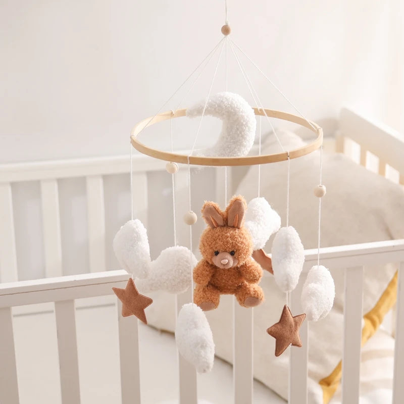 Wooden Crib Mobile with Brown Bunny – Bed Bell and Crib Bracket for Babies