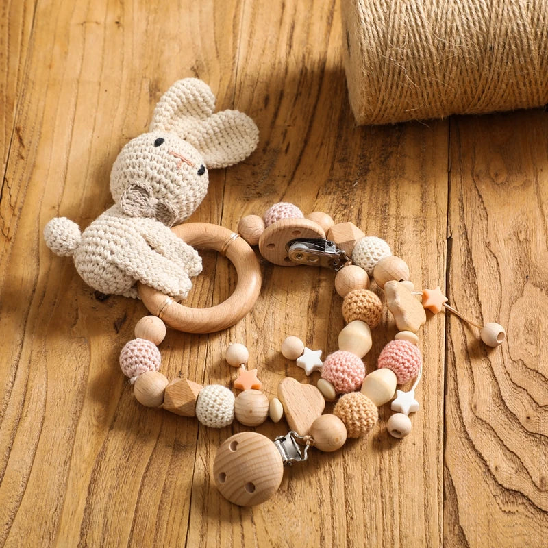 Baby Wooden Crochet Stroller Toys Hanging Rattle and Animal Mobiles