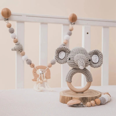 Baby Elephant Pendant Stroller Chain: Crochet Beads & Rattle